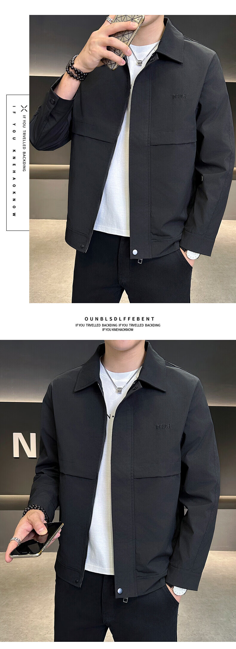 PLAYBOY Men's Spring Autumn Jacket Casual Outdoor Windproof Lapel Coat Black L 9
