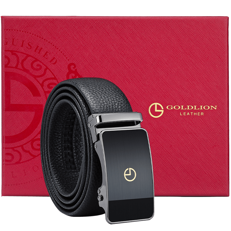 Goldlion Men's Automatic Buckle Belt, Business Casual Waistband Gift Box, Top-Grain Leather Trouser Belt, Birthday Gift