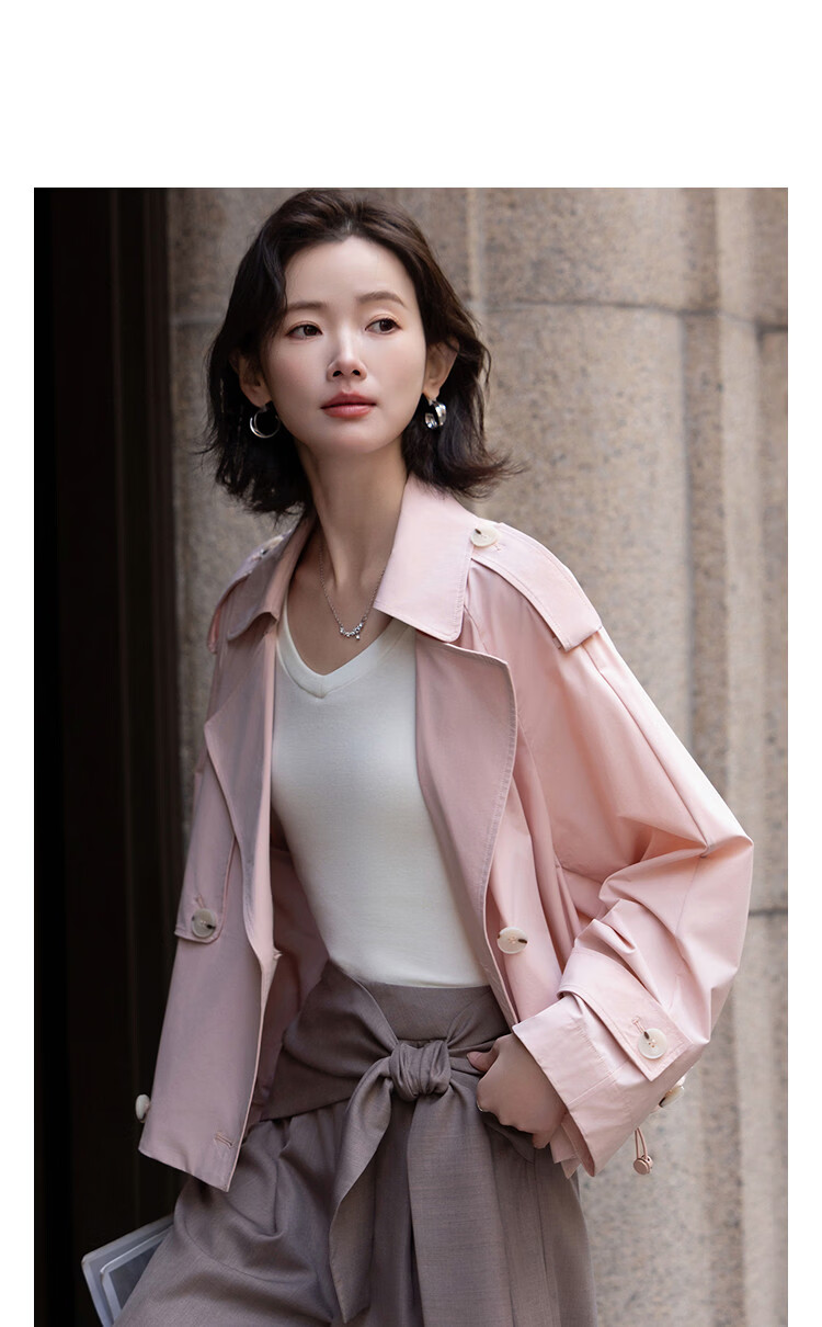 Demana Antibacterial Ice Algae Mud Spring Fashion Notched Lapel Double-Breasted Loose Short Petite Women's Trench Coat Jacket 11