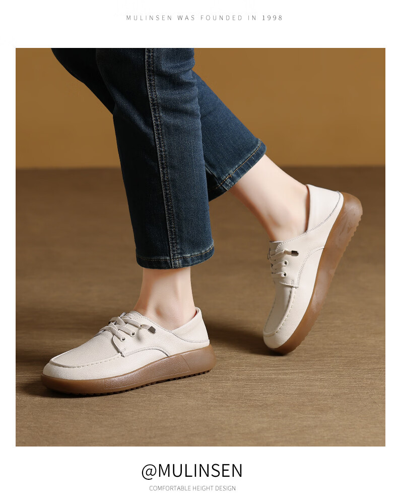 MULINSEN Women's Leather Shoes, Spring And Summer Casual White Sneakers, Flat Loafers, Slip-On Soft-Soled Mom Shoes, Black, Size 38 13