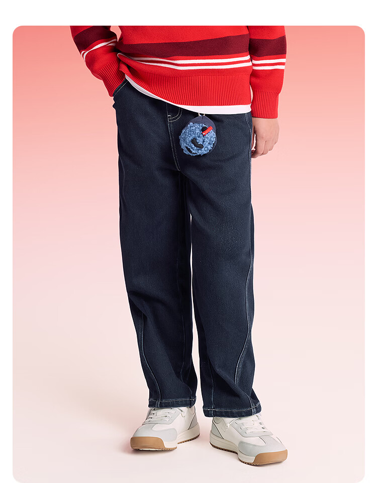 Balabala [balaOne] Boys' Fleece-Lined Denim Pants Lyocell Red New Year Celebration Trousers 3
