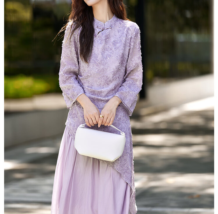 Vimly New Chinese Style Heavy Embroidery Dress Women Autumn New Long Sleeve Improved Qipao Purple M 12