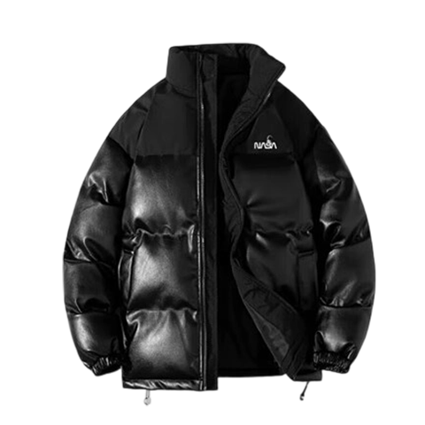 NASA MARVEL Cotton Jacket for Men, Winter Coat, Thickened Trendy PU Leather Brand Cotton Coat, Couple's Stand-Collar Warm Outerwear, Black, 2XL