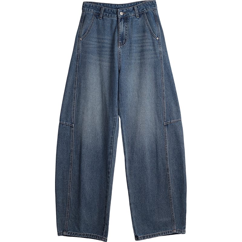 Olrain Tencel Denim Cotton Loose Wide-Leg Curved Hem Floor-Length Jeans Women's Spring Blue M