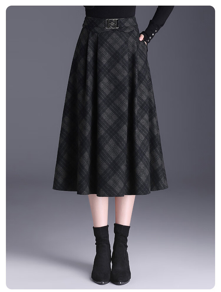 Bailuyu Elegant Vintage Plaid High-Waist Long A-Line Skirt Black Gray Check S 10