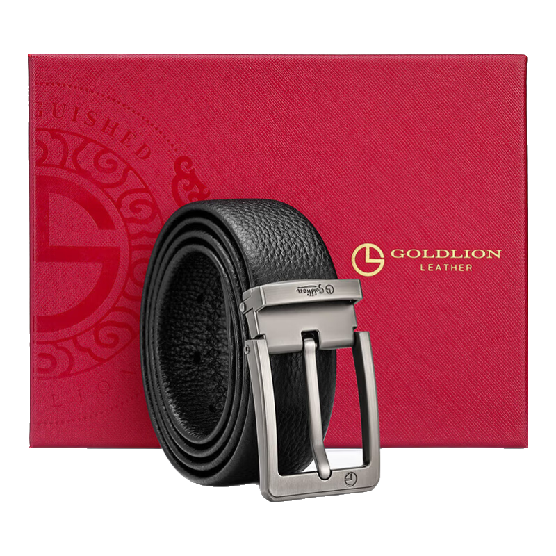 Goldlion Men's Pin Buckle Belt, Simple And Versatile Waistband Gift Box, Top-Grain Leather Trouser Belt, Birthday Gift