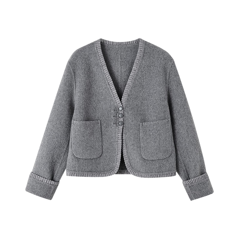 Demana [Double-Sided Wool] Spring Luxury V-Neck Knit Twisted Flower Decorative Patch Pocket Loose Short Women's Coat
