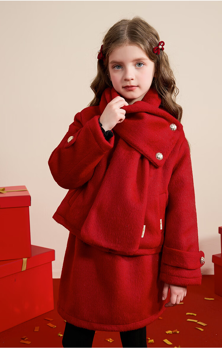 Disney Girls' Spring and Autumn 2026 New Stylish Winter Thick Woolen Coat and Skirt Two-Piece Set with Scarf 8
