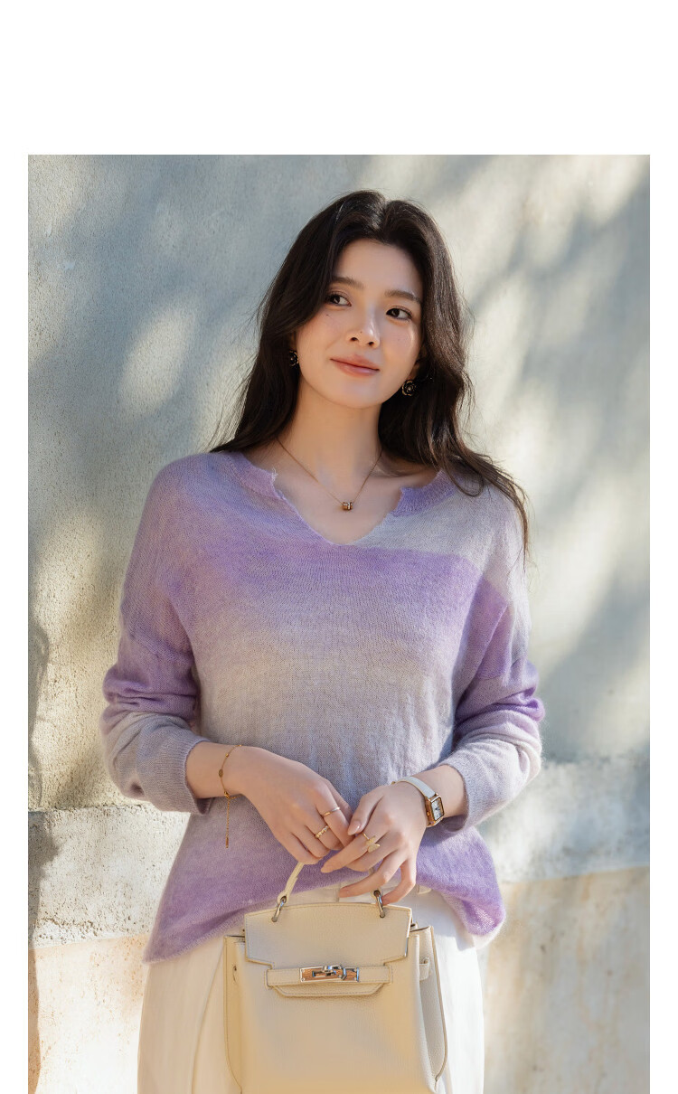 Demana [Green Mango Shaved Ice] Spring Tyndall V-Neck Irregular Gradient Sweater Loose Fit Petite Women's Knitwear 14