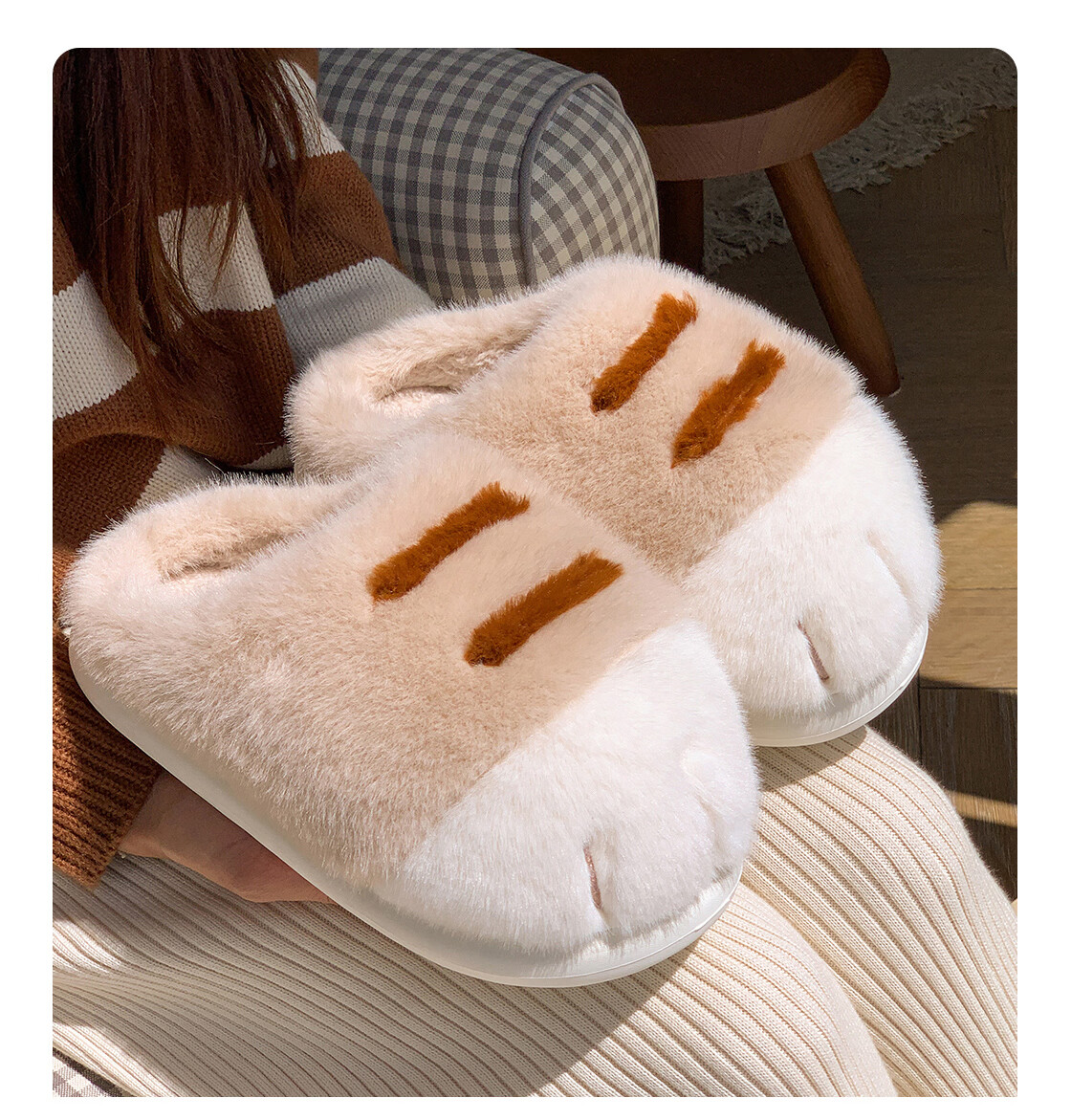 MINISO Cute Bear Claw Fleece-Lined Thickened Cotton Shoes, Adorable Wearable Home Slippers, Khaki (Cotton Shoes Style) Size 40-41 7