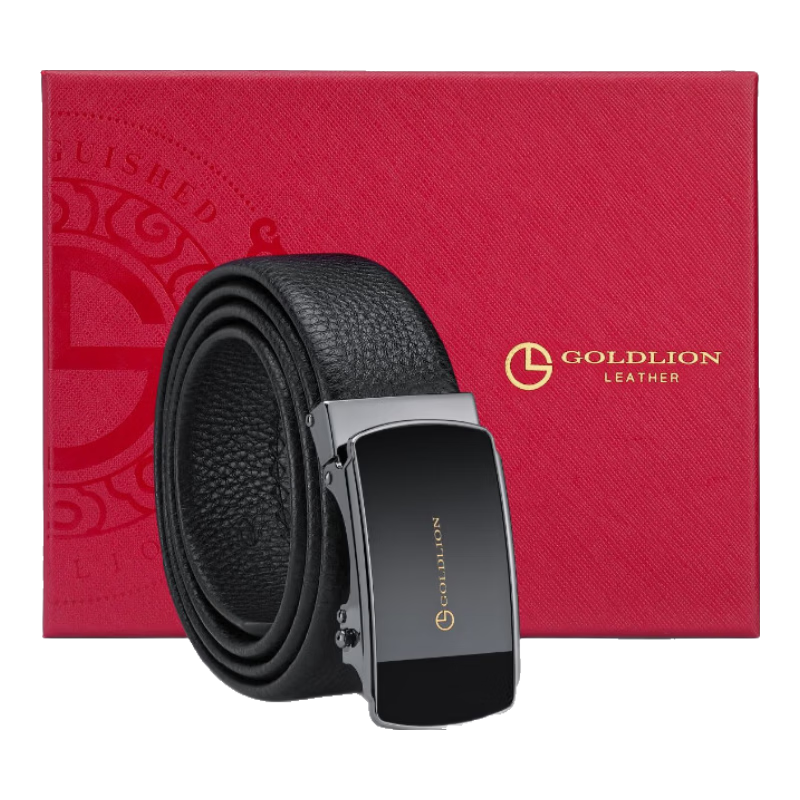 Goldlion Men's Automatic Buckle Belt, Top-Grain Leather Waistband Gift Box, Business Fashion Trouser Belt, Birthday Gift