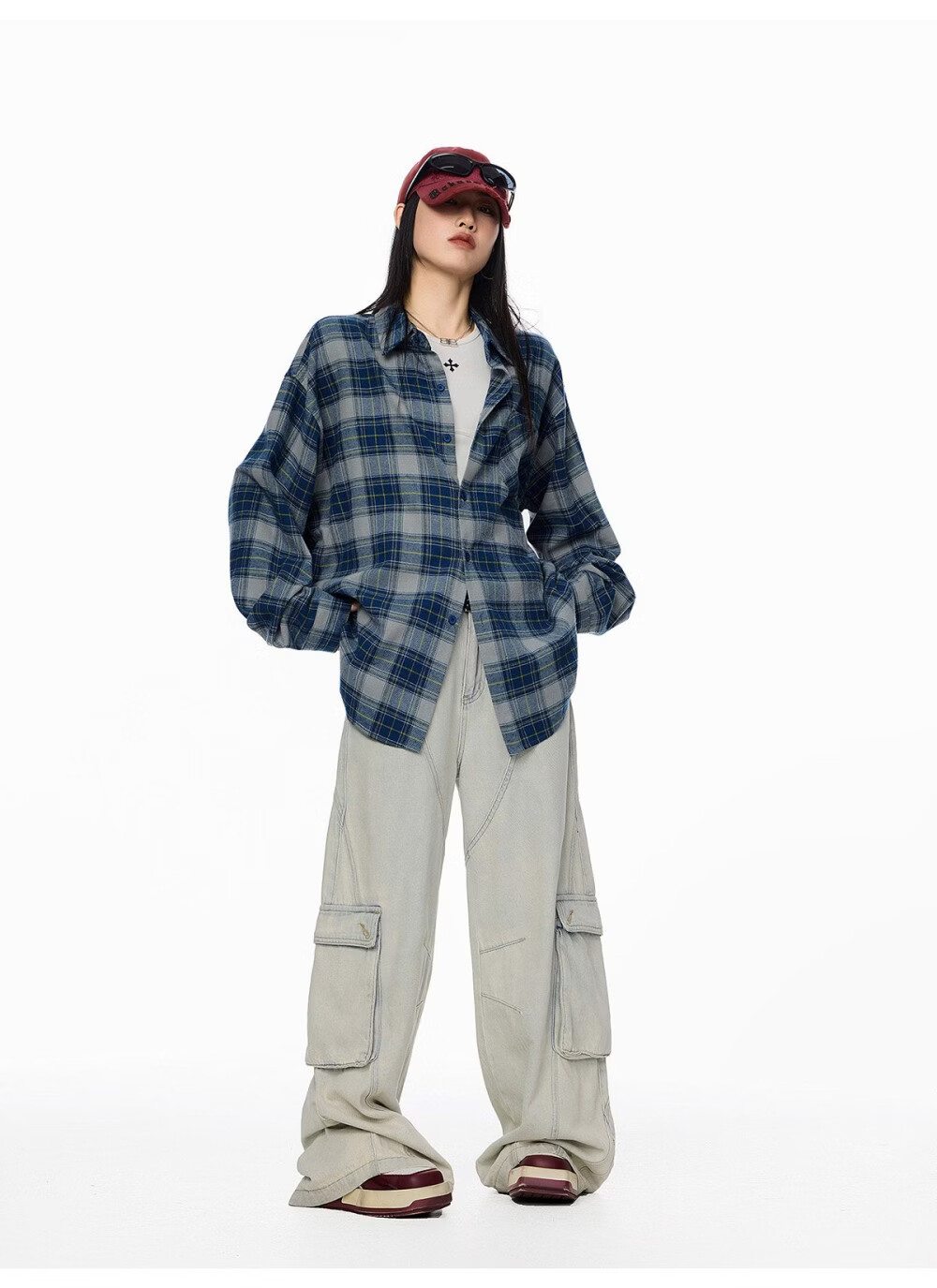 ICH MODE Women's American Style Blue Plaid Shirt Spring New Loose Casual Long Sleeve Shirt Jacket Top Blue L 21