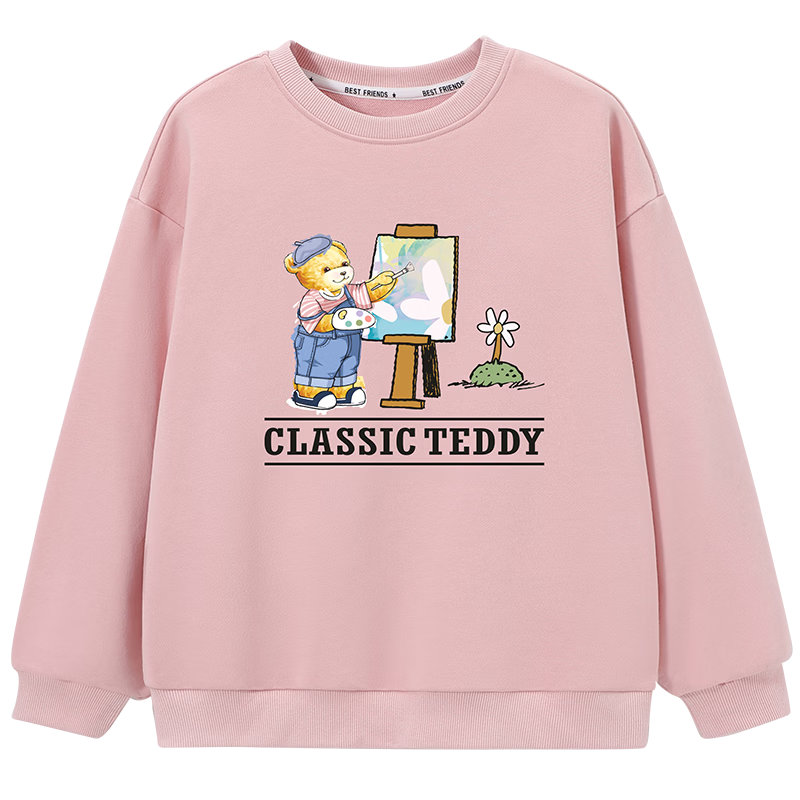 Classic Teddy Girls' Sweatshirt, Children's Autumn Wear, Casual Top for Young Kids, Fashionable And Versatile, Light Pink, Size 100
