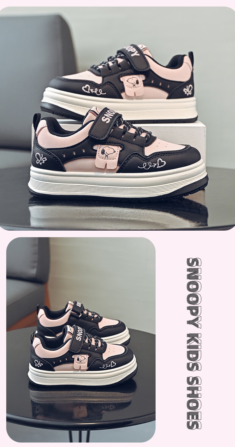 SNOOPY 2026 Spring Children's Lightweight Velcro Sneakers Girls School Casual Sports Shoes 0020 Black/Pink Size 28 2