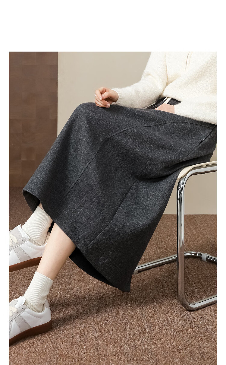 Demana [Salt Style Light] Winter Elastic Waist Color-Block Drawstring Textured Woolen Peplum Loose Fit Concealing Women's Skirt 14