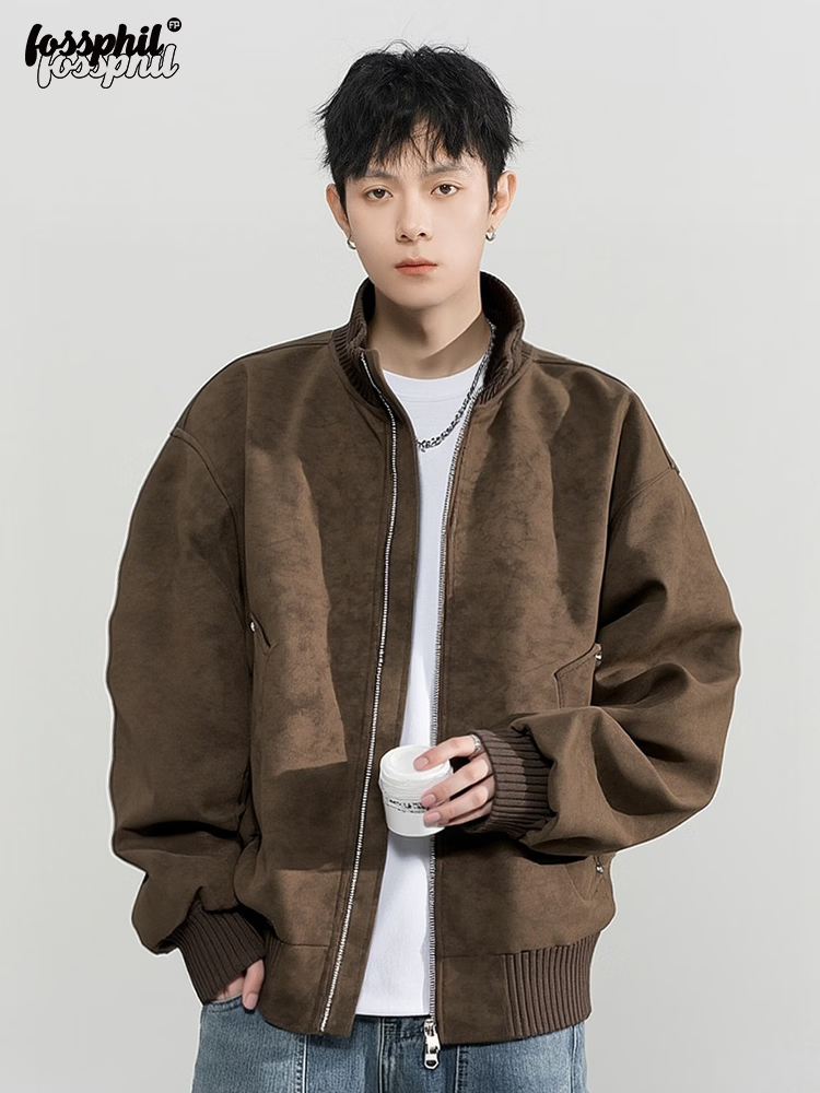 Foss Phil Men's Flight Jacket Spring Autumn Mallard Retro Stand Collar Casual Leather Jacket JK852 Coffee Color 2XL 1