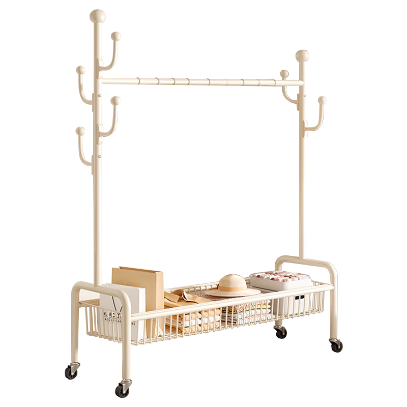 Huakaizhixing Floor-Standing Coat Rack, Bedroom Clothes Hanger with Wheels, Movable Floor Drying Rack, YJ126 Single Layer White, 1.0 Meter