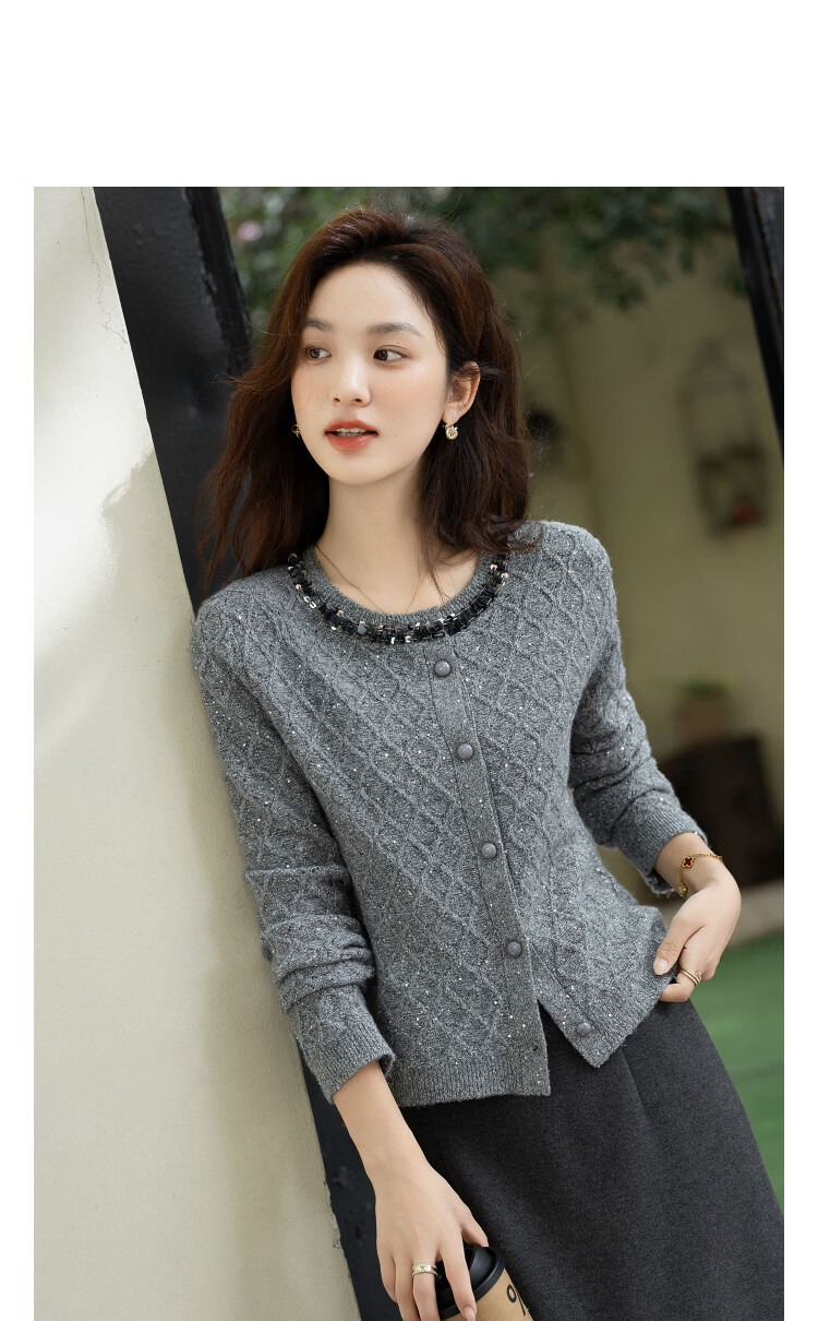 Demana Warm Rhythm Double Festival Autumn Winter French Style Sequin Cardigan Diamond Jacquard Round Neck Slim Knitwear Women High-End 14