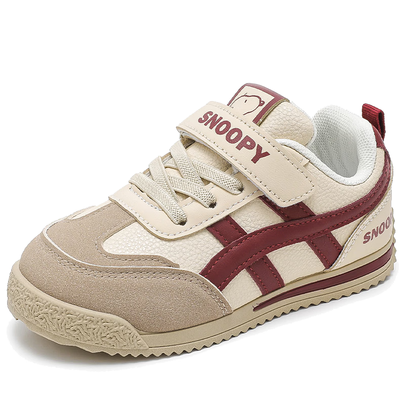 SNOOPY Kids Shoes 2026 Spring Lightweight Sports Shoes Boys and Girls Soft Sole German Training Casual Shoes 0004 Beige/Wine Red Size 34