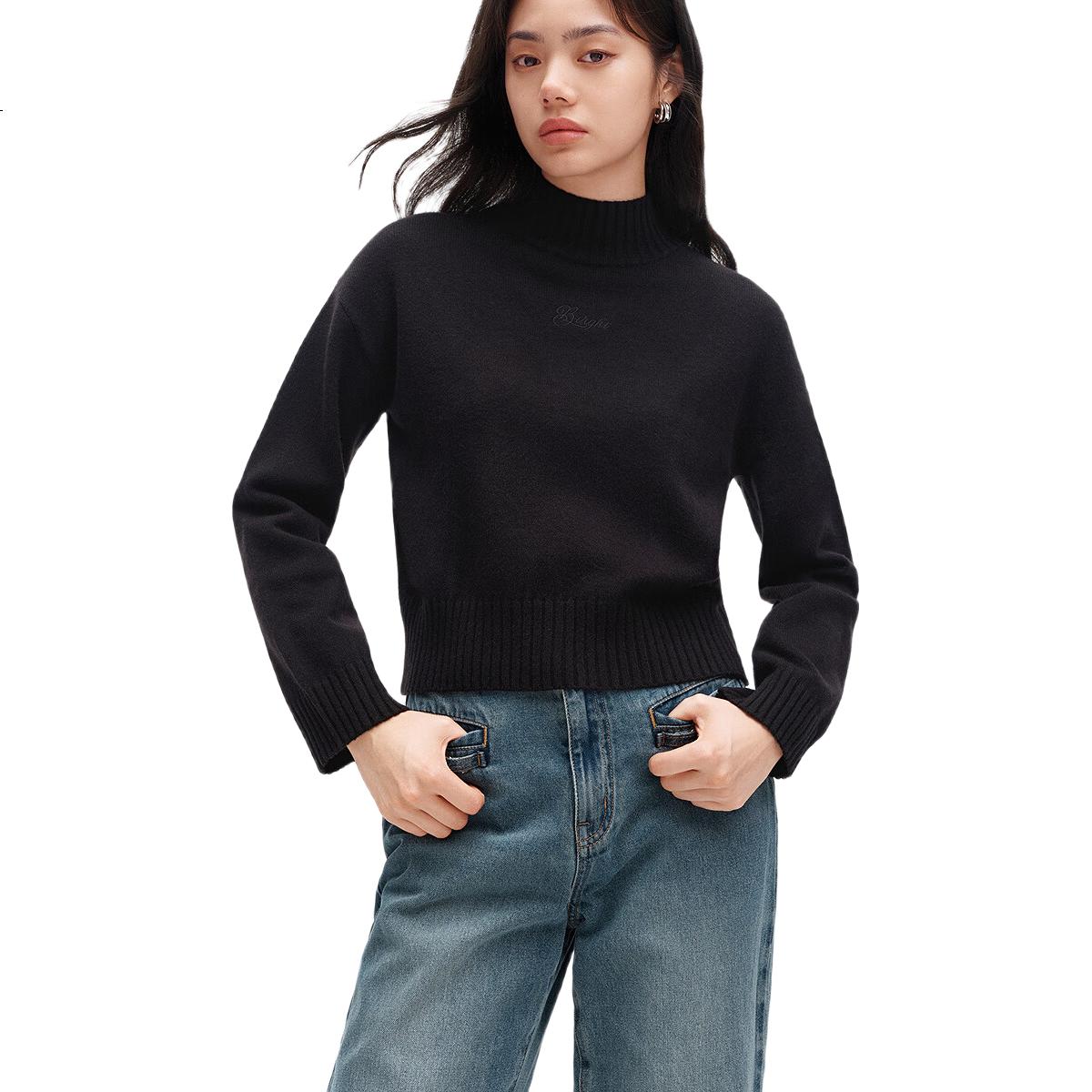 Taipingniao Women's Knit Sweater, Semi-Turtleneck Knitted Pullover, Soft Winter Sweater, Inner Layer D, Black, M