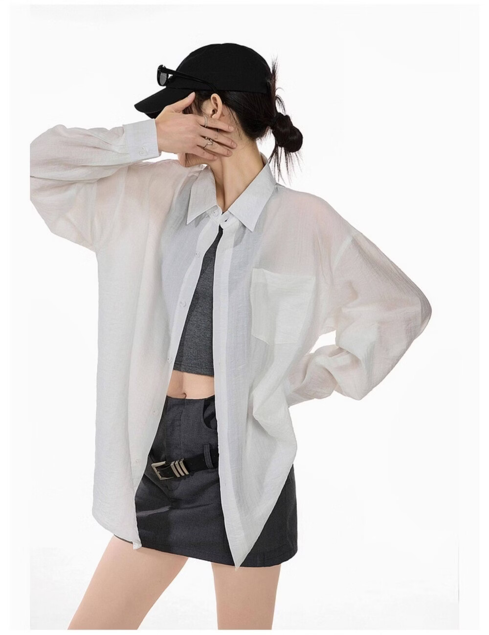 ICH MODE American Style White Shirt Women Summer Loose Physical Sun Protection Shirt Jacket Long Sleeve Top Blue XL 16