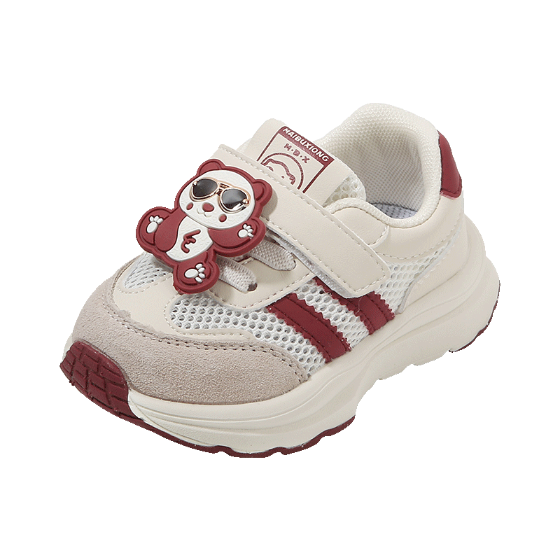 ThomBaker Kids Toddler Walking Shoes Baby Sports Mesh Cartoon Soft Sole Spring Summer Girls Shoes Red Bear Pendant Size 19