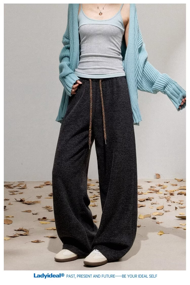 LADY IDEAL Brushed Casual Pants for Women 2025 Spring New Draped Straight Loose Wide-Leg Pants Black M 12
