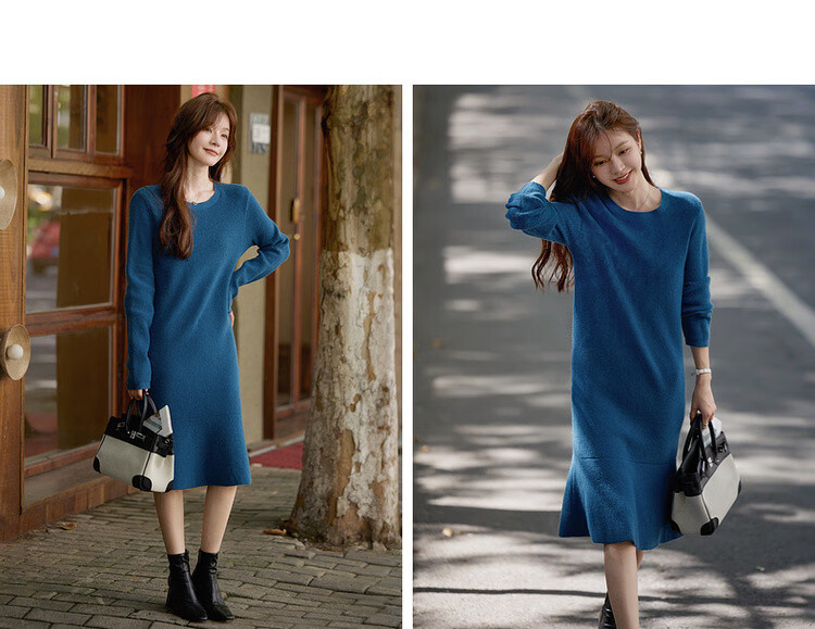 MT Smart Warm Style Winter Lazy Round Neck Fish Tail Soft Comfortable Elegant Knit Long Dress for Women 18