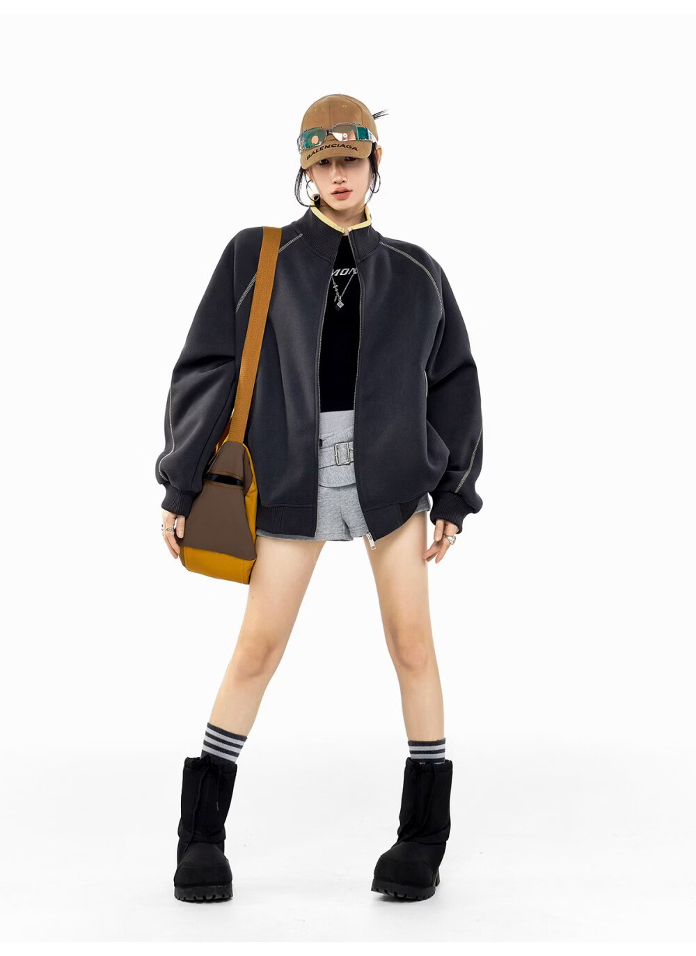 ICH MODE American Style Hassel Corduroy Sports Jacket Women 2026 Spring New Loose Cardigan Sweatshirt Zipper Top Dark Gray XL 38