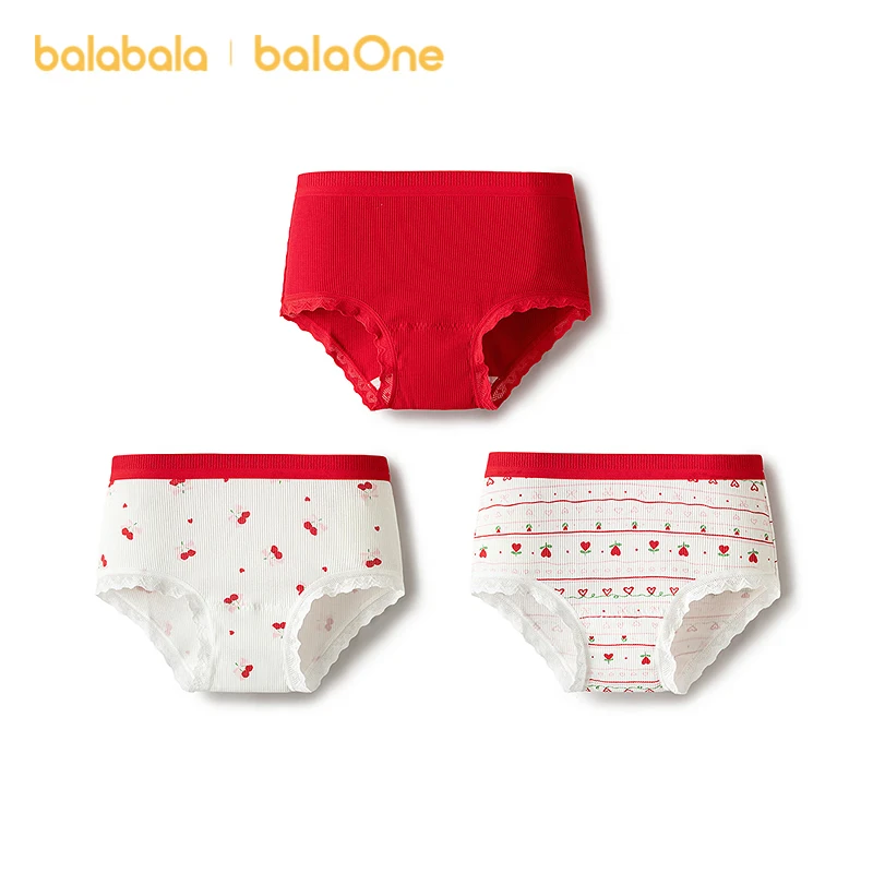 Balabala Kids Girls Antibacterial Breathable Cotton Boxer Briefs 3-Pack Red New Year Edition