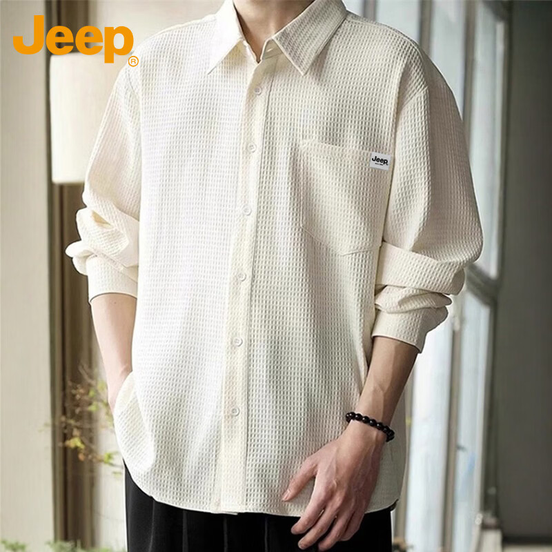 JEEP Men's Long Sleeve Waffle Shirt Casual Loose Fit Jacket Spring Autumn Beige M