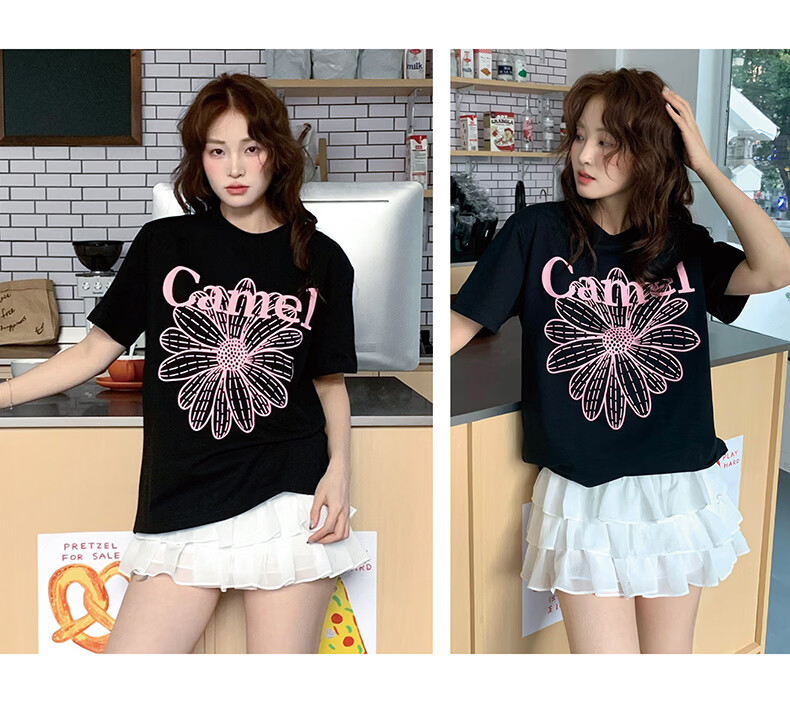 CAMEL Ice Skin T-Shirt Little Daisy Short Sleeve Cotton Loose Casual Top C36BAXLN023A Warm White XL 3