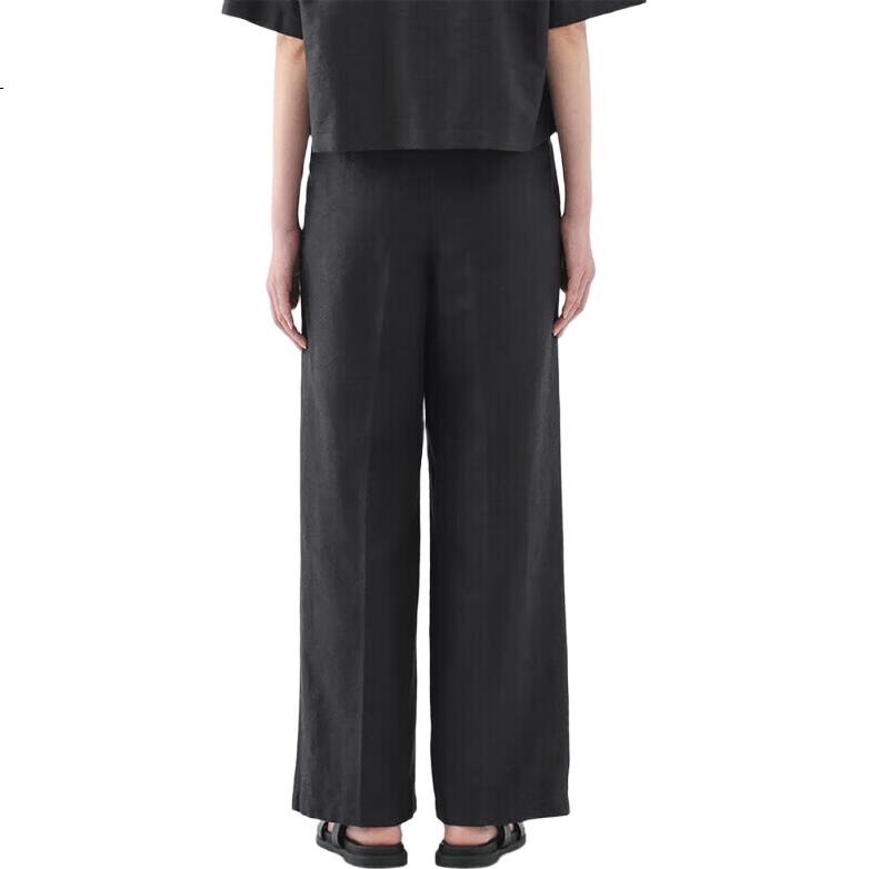 MUJI Women's Hemp Blend Twill Pleated Wide-Leg Pants Black M