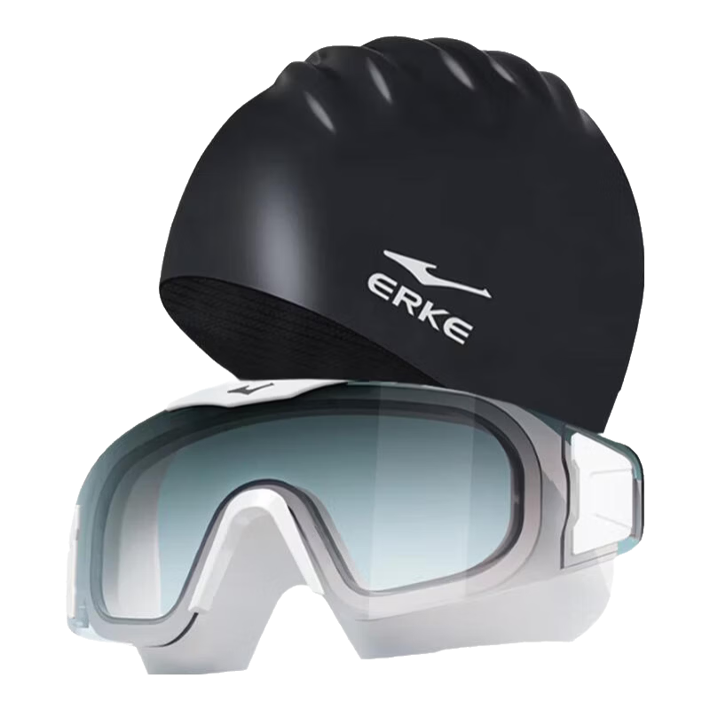 ERKE Unisex Large Frame HD Waterproof Anti-Fog Frameless Prescription Swimming Goggles and Swim Cap Set