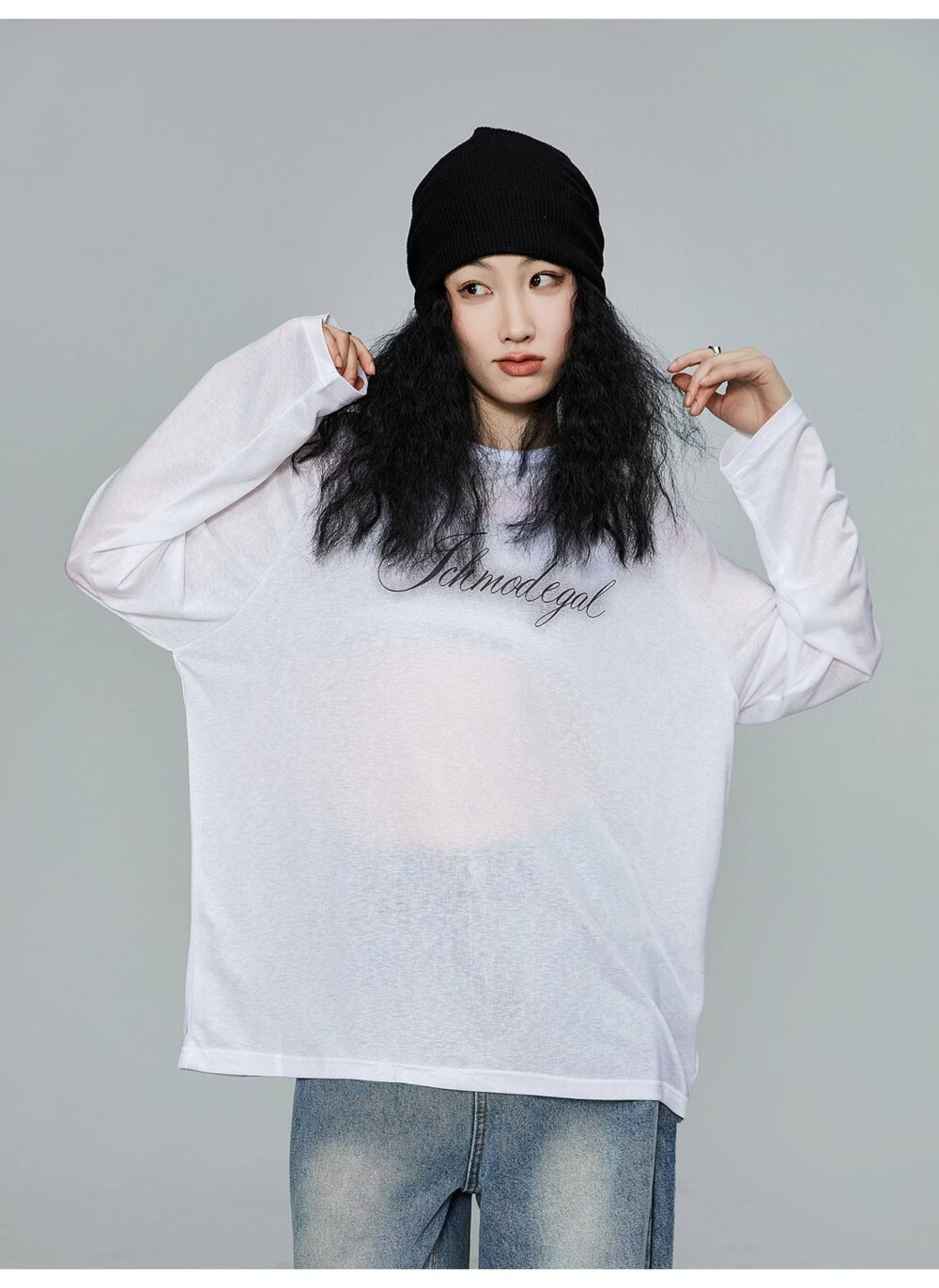 ICH MODE American Style Physical Sunscreen Cooling Loose Long Sleeve T-Shirt Lightweight Lazy Style White S 8