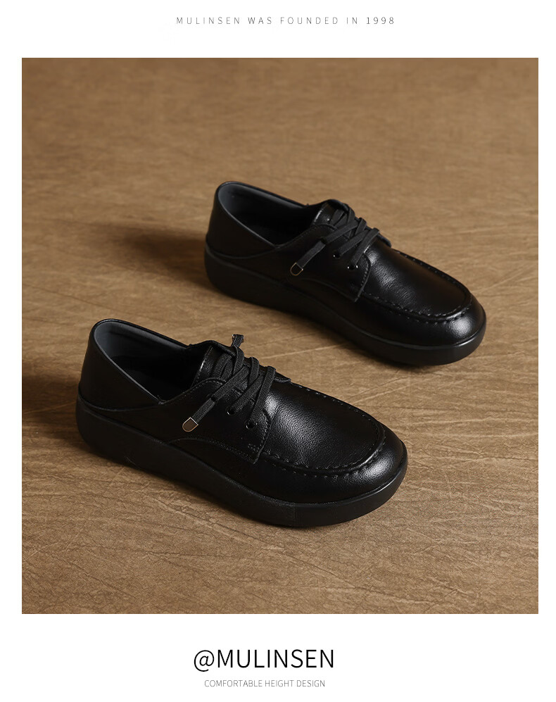 MULINSEN Women's Leather Shoes, Spring And Summer Casual White Sneakers, Flat Loafers, Slip-On Soft-Soled Mom Shoes, Black, Size 38 11
