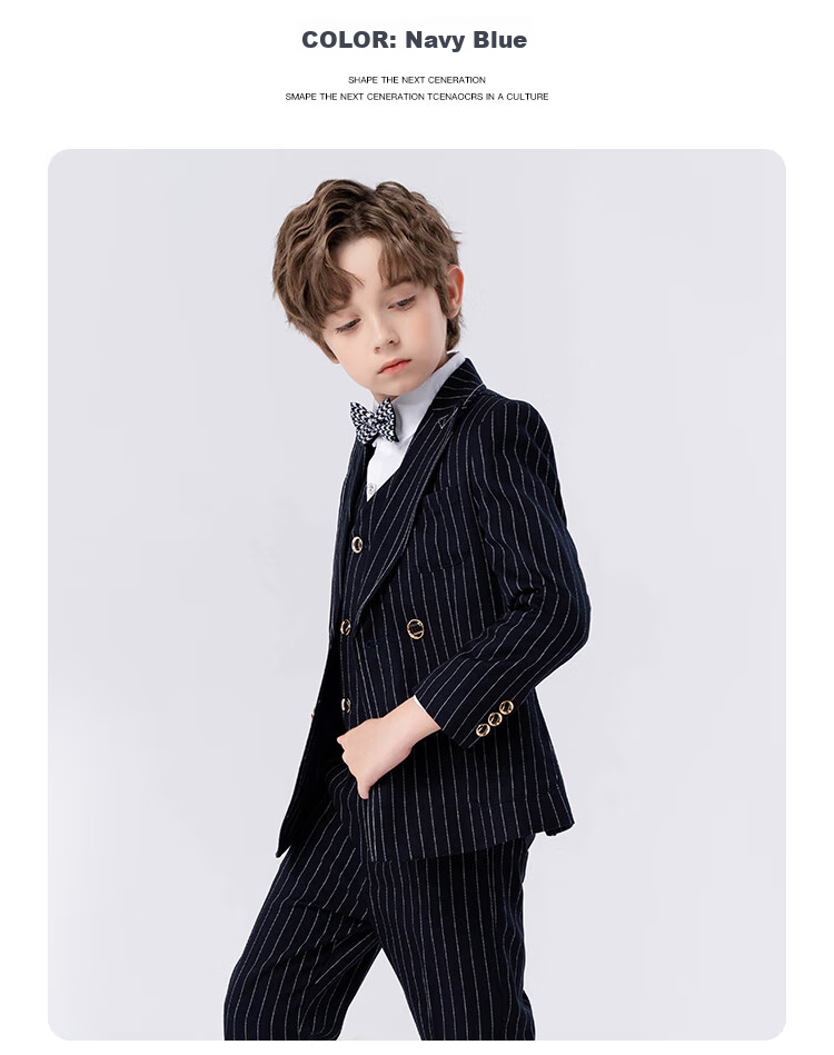 LUOBOBEIBEI Children's Suit, Boys' Striped Blazer Vest Set, Spring Formal Wear for Boys' New Year's Greetings, Navy Blue Five-Piece Set, Size 140 12