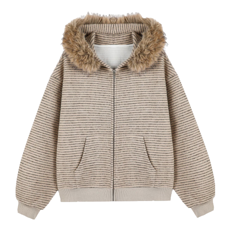 ICH MODE Women's American Style Hooded Striped Fleece Lined Jacket Autumn Winter New Zip-up Sweatshirt Cardigan Top Beige L