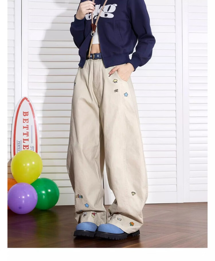 BEETLE TOWN Cartoon Embroidered Casual Pants for Women Spring Autumn 2025 New Loose Wide-Leg Curved Blade Pants Black M 8
