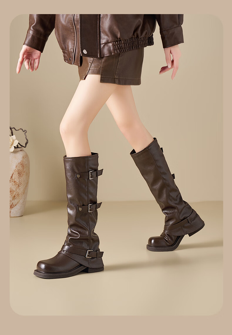 St&Sat Women's Fleece-Lined Tall Boots 2025 Winter New Fashion Belt Buckle Versatile Knight Boots Western Cowboy Mid-Calf Boots 2