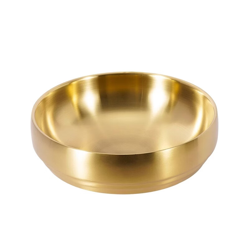 Caitang Thickened Stainless Steel Korean Cold Noodle Bowl Double-Layer Anti-Scald Korean Bibimbap Soup Bowl Gold 21cm Jingcang