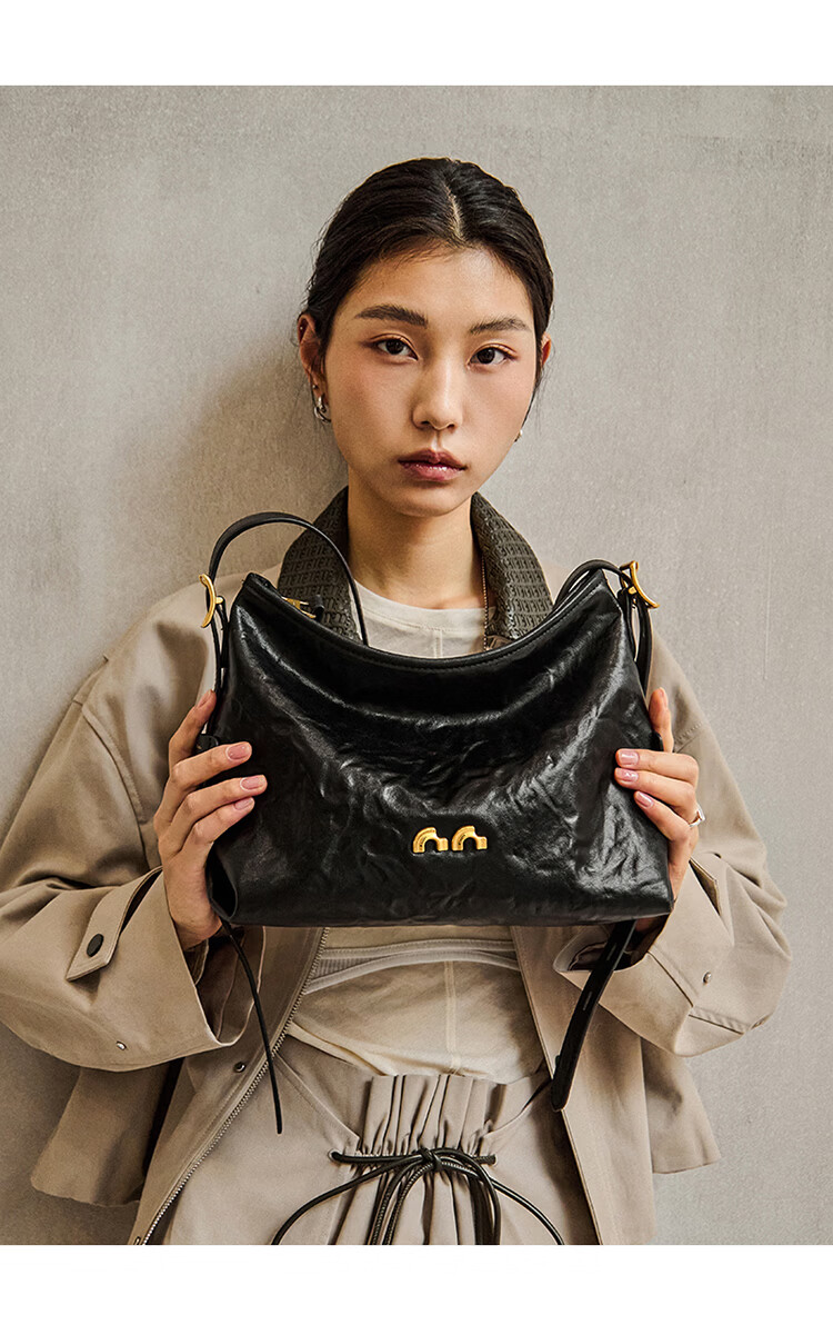 Nalandu [Dong Xuan Same Style] Black Stone Hobo Bag New Cowhide Underarm Shoulder Bag Birthday 38 Goddess Festival Gift 13