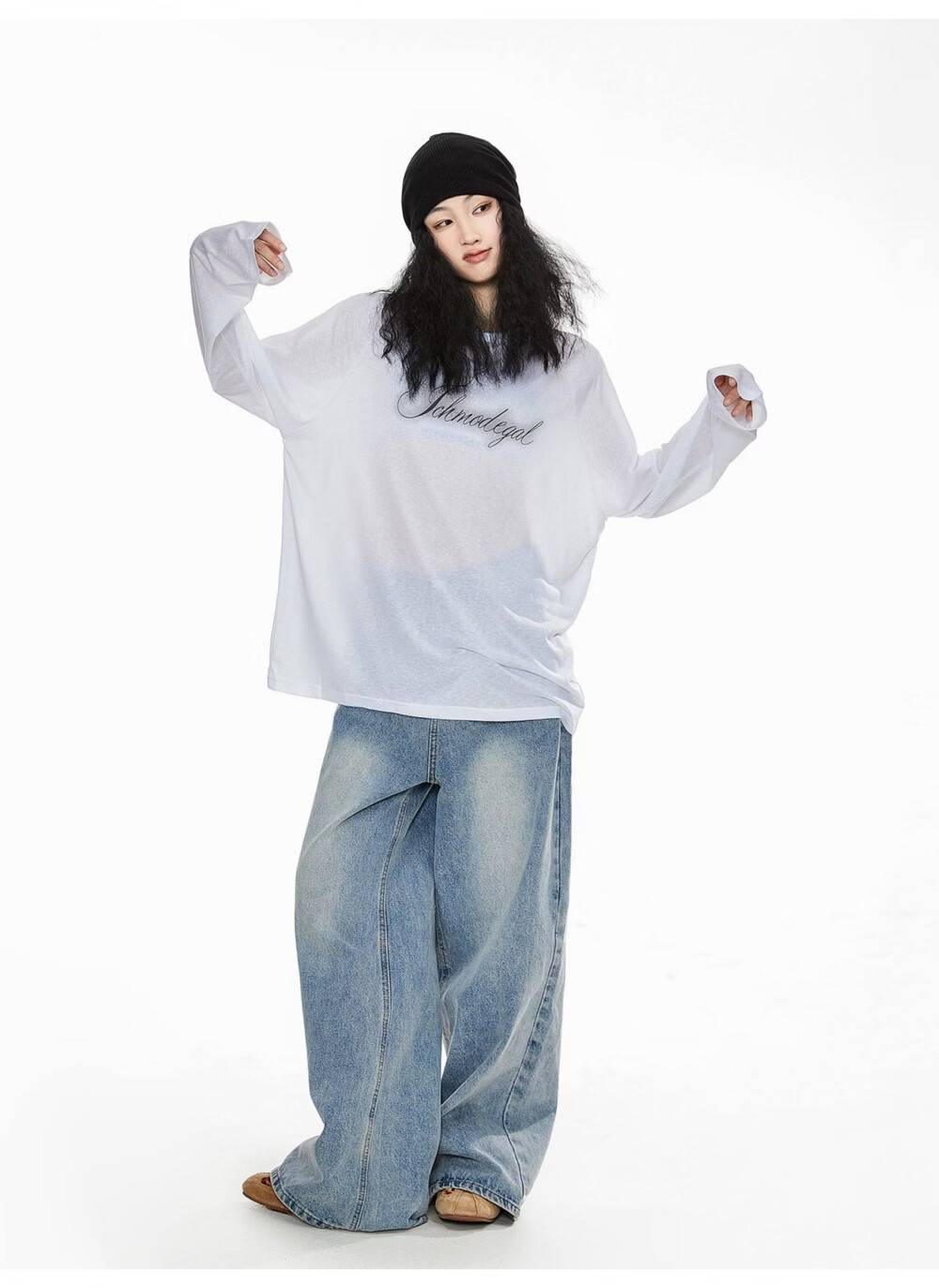 ICH MODE American Style Physical Sunscreen Cooling Loose Long Sleeve T-Shirt Lightweight Lazy Style White S 6