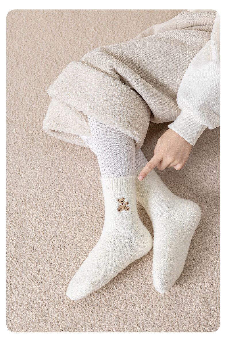 MiiOW 3 Pairs Kids Socks Autumn Winter Thickened Fleece Boys Korean Style Cartoon Bear Mid-Calf Girls Socks 10
