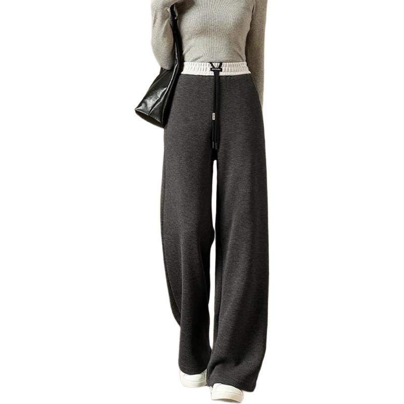 JEANSWEST Women's Casual Color-Block High-Waist Drawstring Slimming Straight-Leg Wide-Leg Pants, Beige, Size L, Autumn/Winter