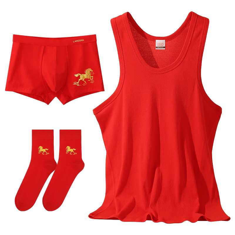 Langsha Red Vest Underwear Socks Men's Cotton Sleeveless Undershirt Underwear Set for Year of the Horse Wedding Base Layer
