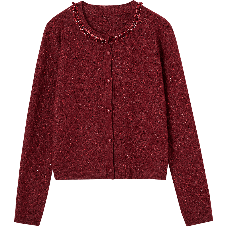 Demana Warm Rhythm Double Festival Autumn Winter French Style Sequin Cardigan Diamond Jacquard Round Neck Slim Knitwear Women High-End