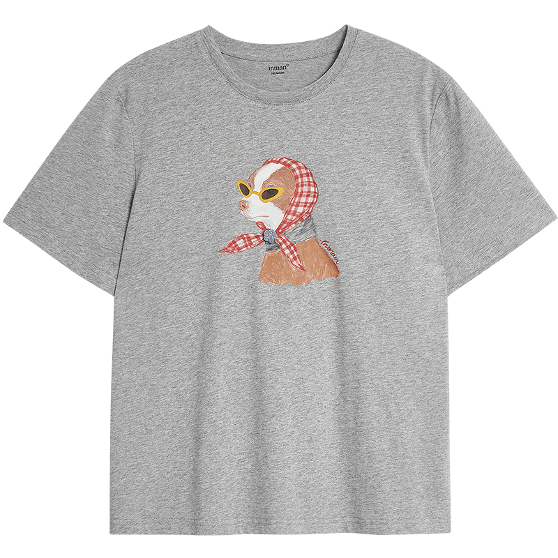 INMAN Floral Pet Print 100% Cotton T-Shirt 2026 Spring New Women's Casual Short Sleeve Top Light Gray S
