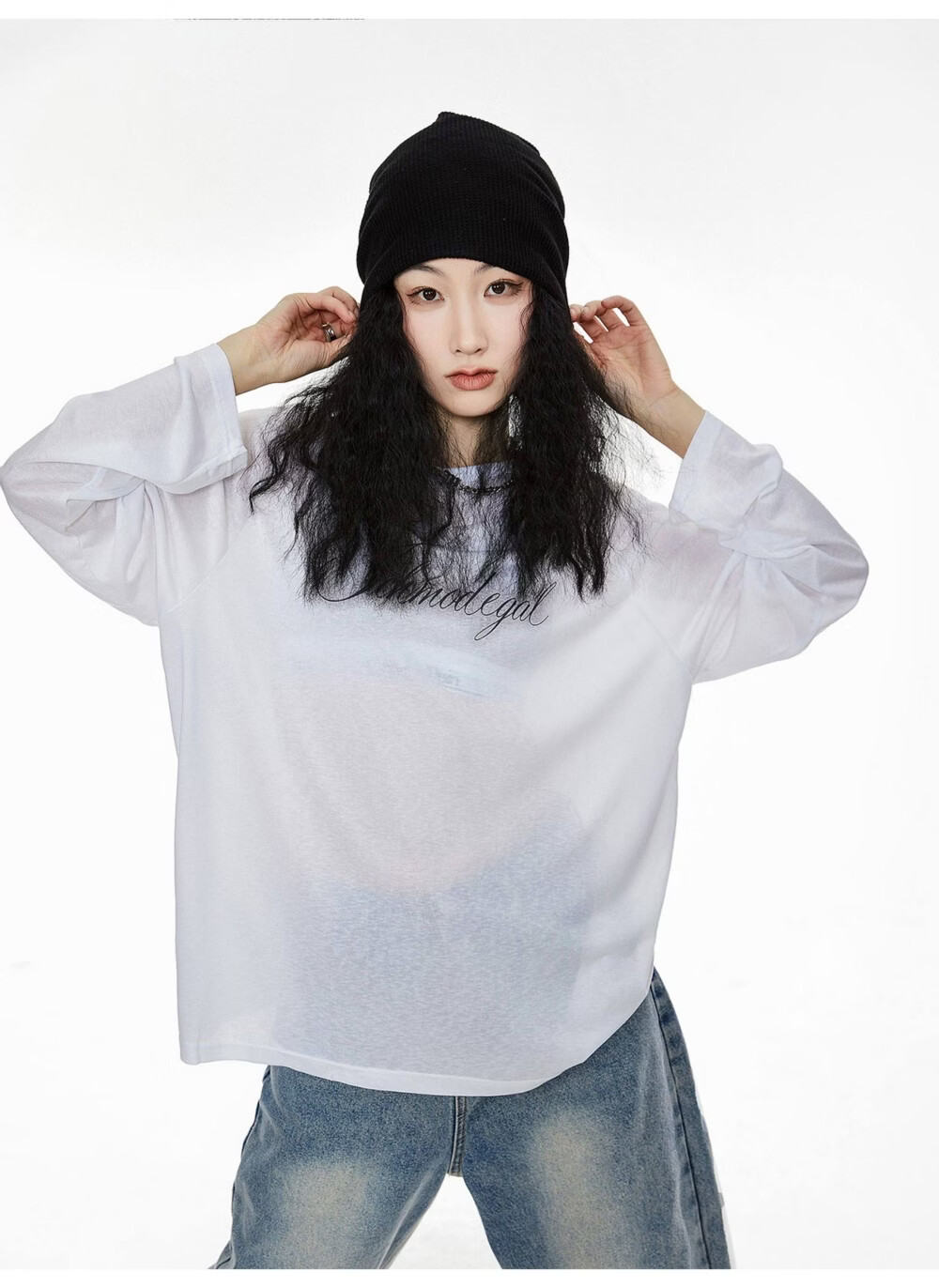 ICH MODE American Style Physical Sunscreen Cooling Loose Long Sleeve T-Shirt Lightweight Lazy Style White S 15