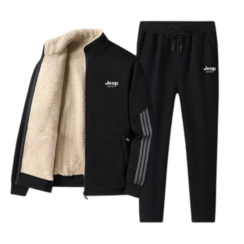 JEEP SPIRIT Men's Winter Fashion Casual Outdoor Sports Lamb Wool Warm Two-Piece Set Black 2XL